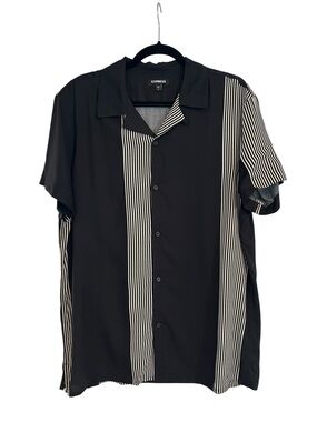 Express Men’s Black Vertical Stripe Short Sleeve Dress Casual Hawaiian Shirt- M